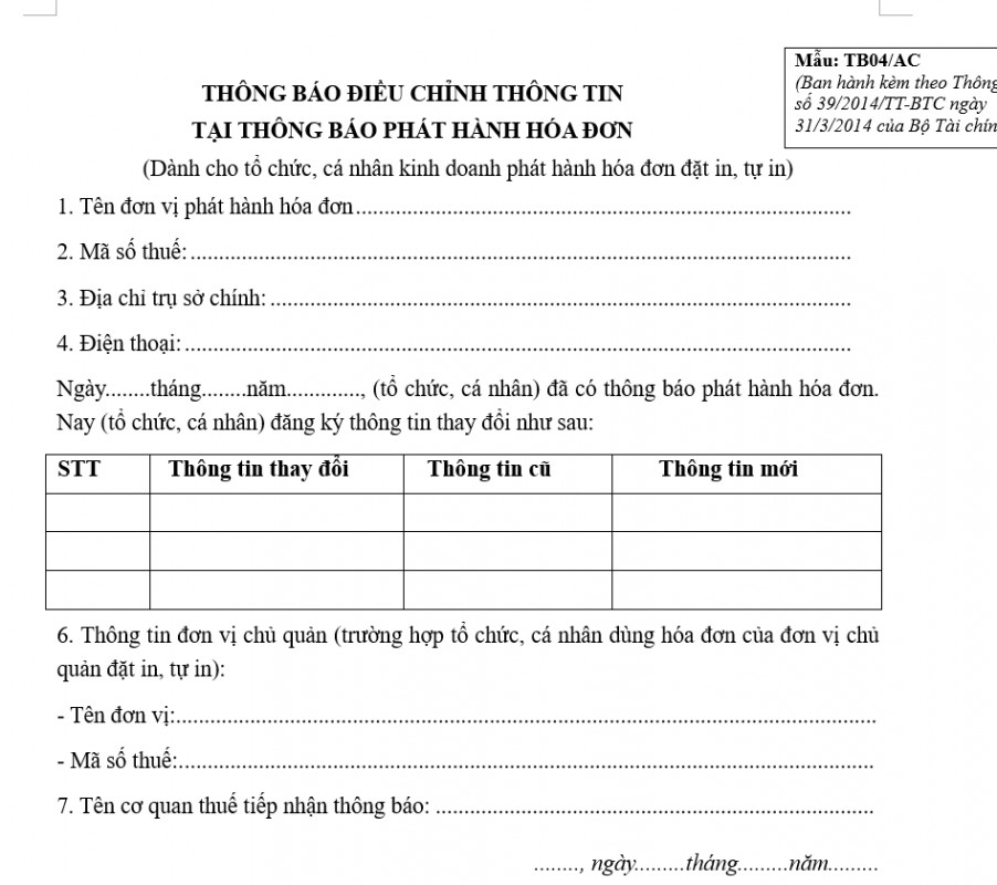 Thông báo điều chỉnh thông tin tại thông báo phát hành hóa đơn