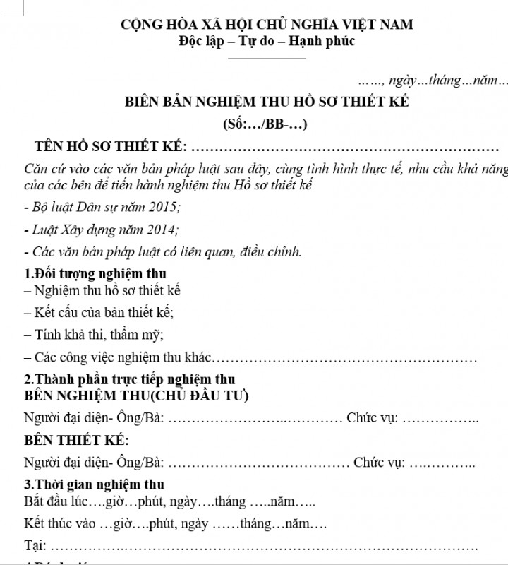 Mẫu biên bản nghiệm thu hồ sơ thiết kế