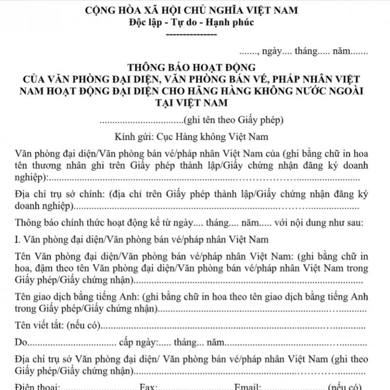Mẫu thông báo hoạt động của văn phòng đại diện, văn phòng bán vé