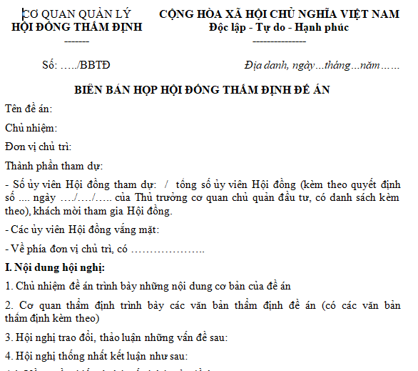 Mẫu biên bản họp hội đồng thẩm định đề án