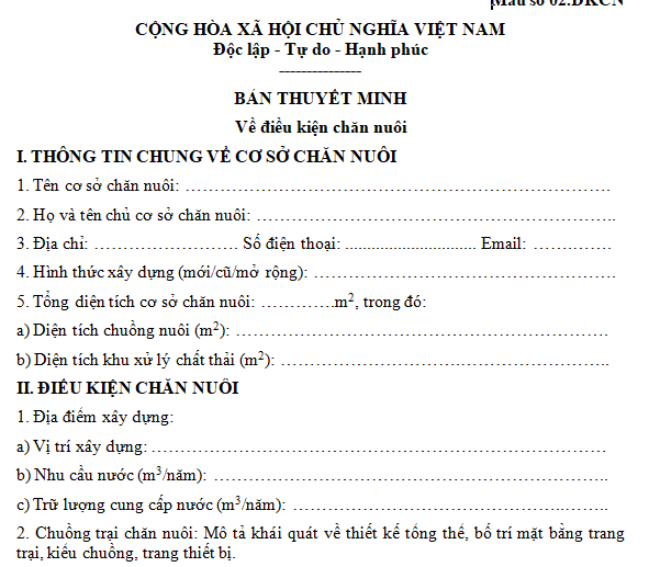 Bản thuyết minh về điều kiện chăn nuôi