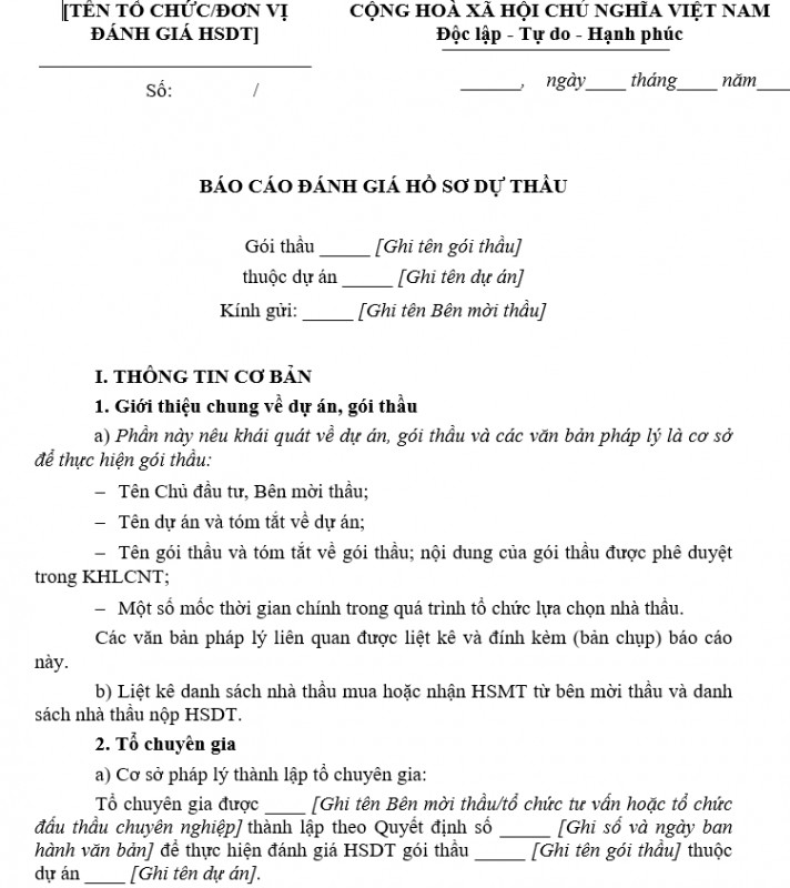 Mẫu báo cáo đánh giá hồ sơ dự thầu