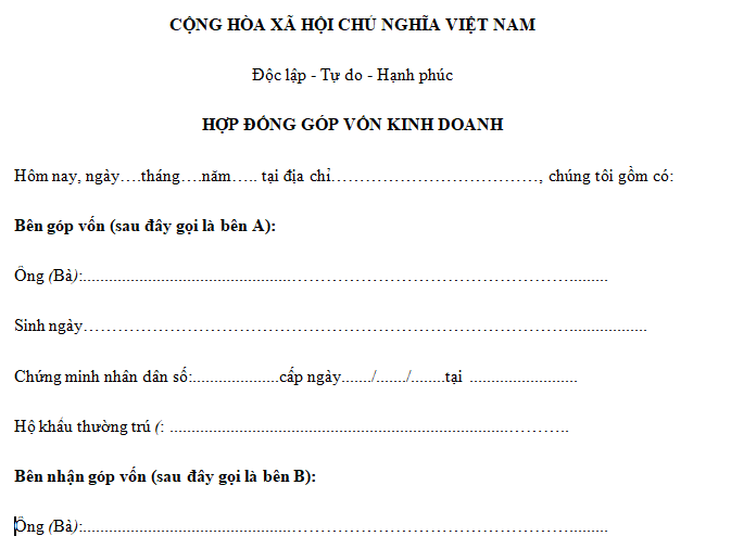 Mẫu hợp đồng góp vốn mới nhất