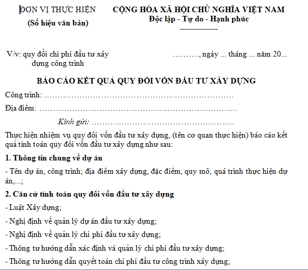 Mẫu báo cáo kết quả quy đổi vốn đầu tư xây dựng