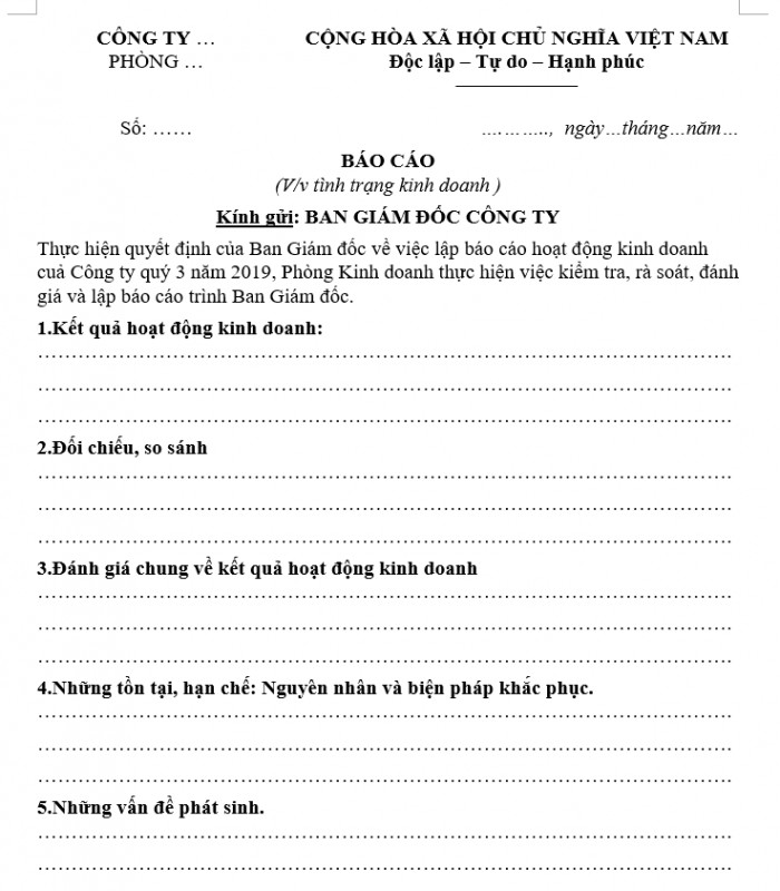 Mẫu văn bản báo cáo tình trạng kinh doanh
