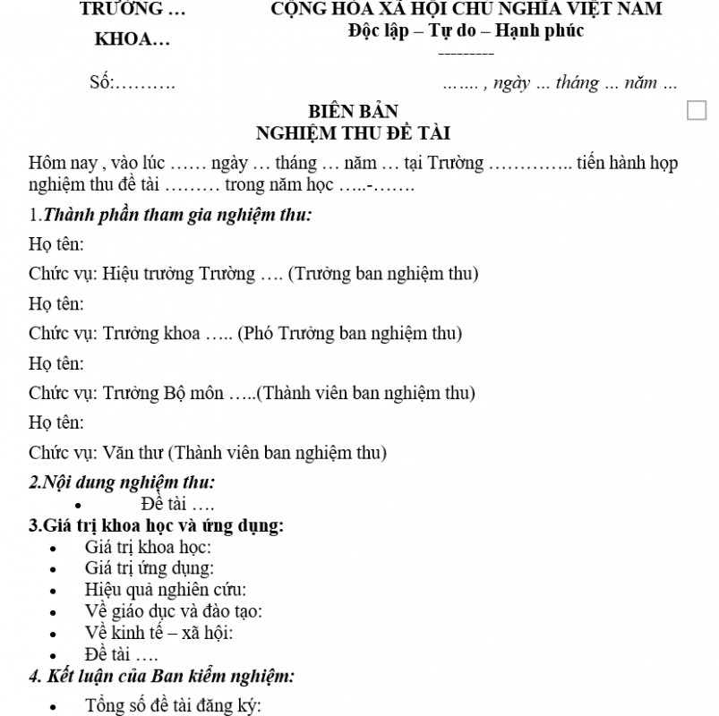 Mẫu biên bản nghiệm thu đề tài