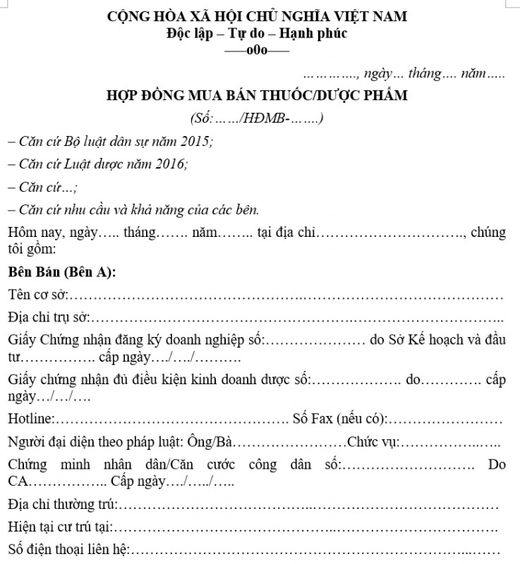 Mẫu hợp đồng mua bán thuốc, dược phẩm