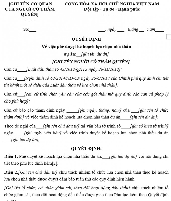 Mẫu quyết định về việc phê duyệt kế hoạch lựa chọn nhà thầu