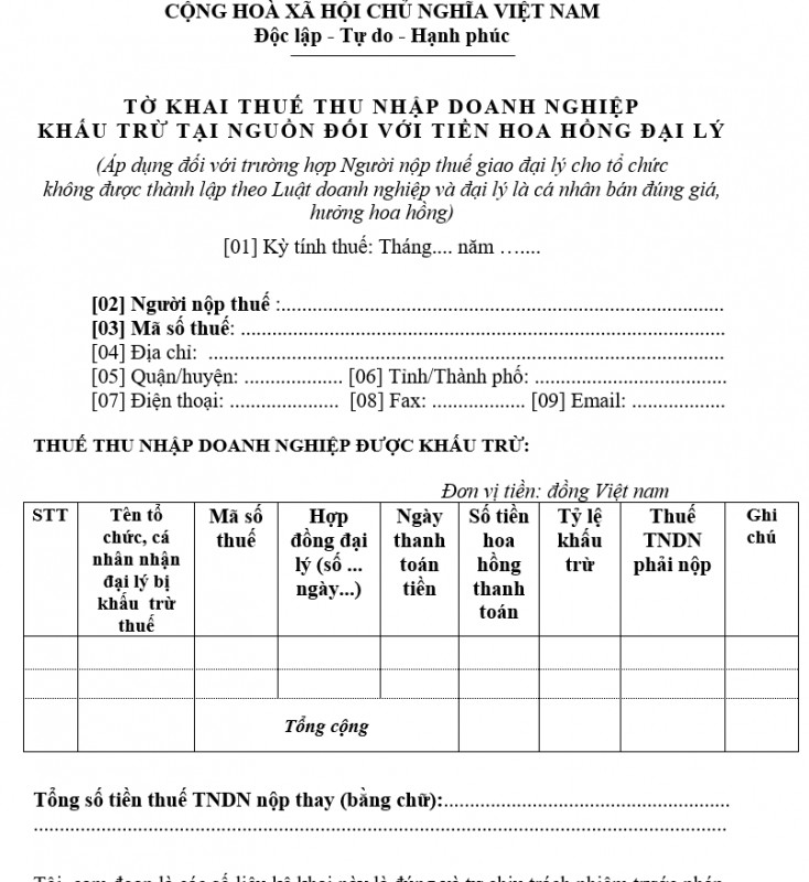 Tờ khai thuế TNDN từ đại lý hoa hồng