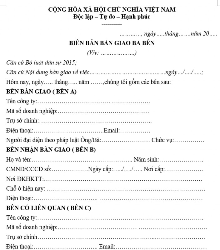 Mẫu biên bản bàn giao ba bên