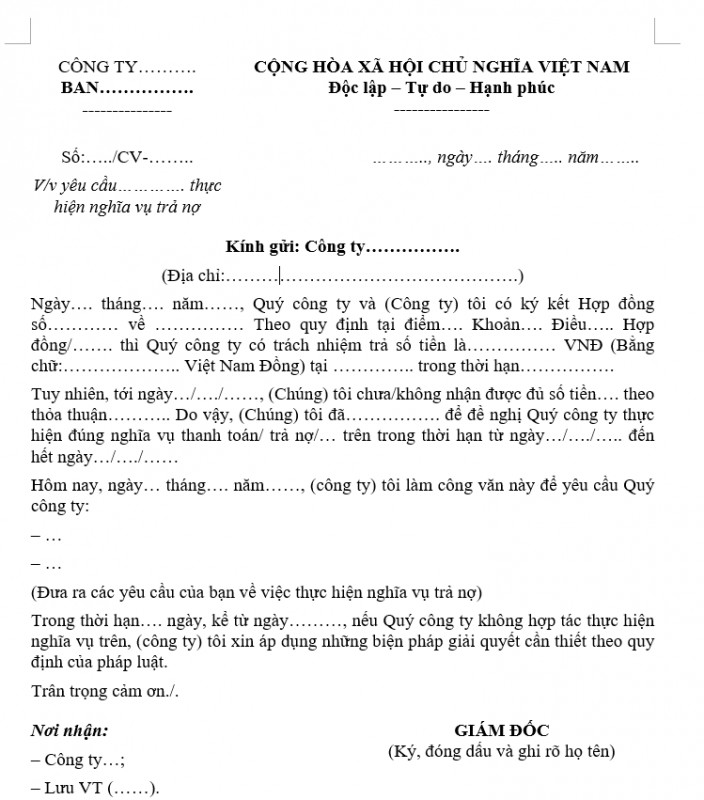 Mẫu công văn đòi nợ