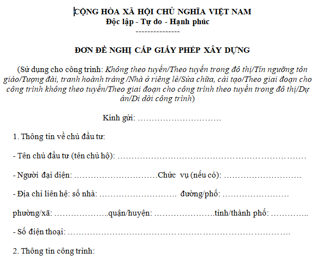 Đơn đề nghị cấp giấy phép xây dựng