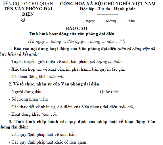 Mẫu báo cáo tình hình hoạt động của văn phòng đại diện