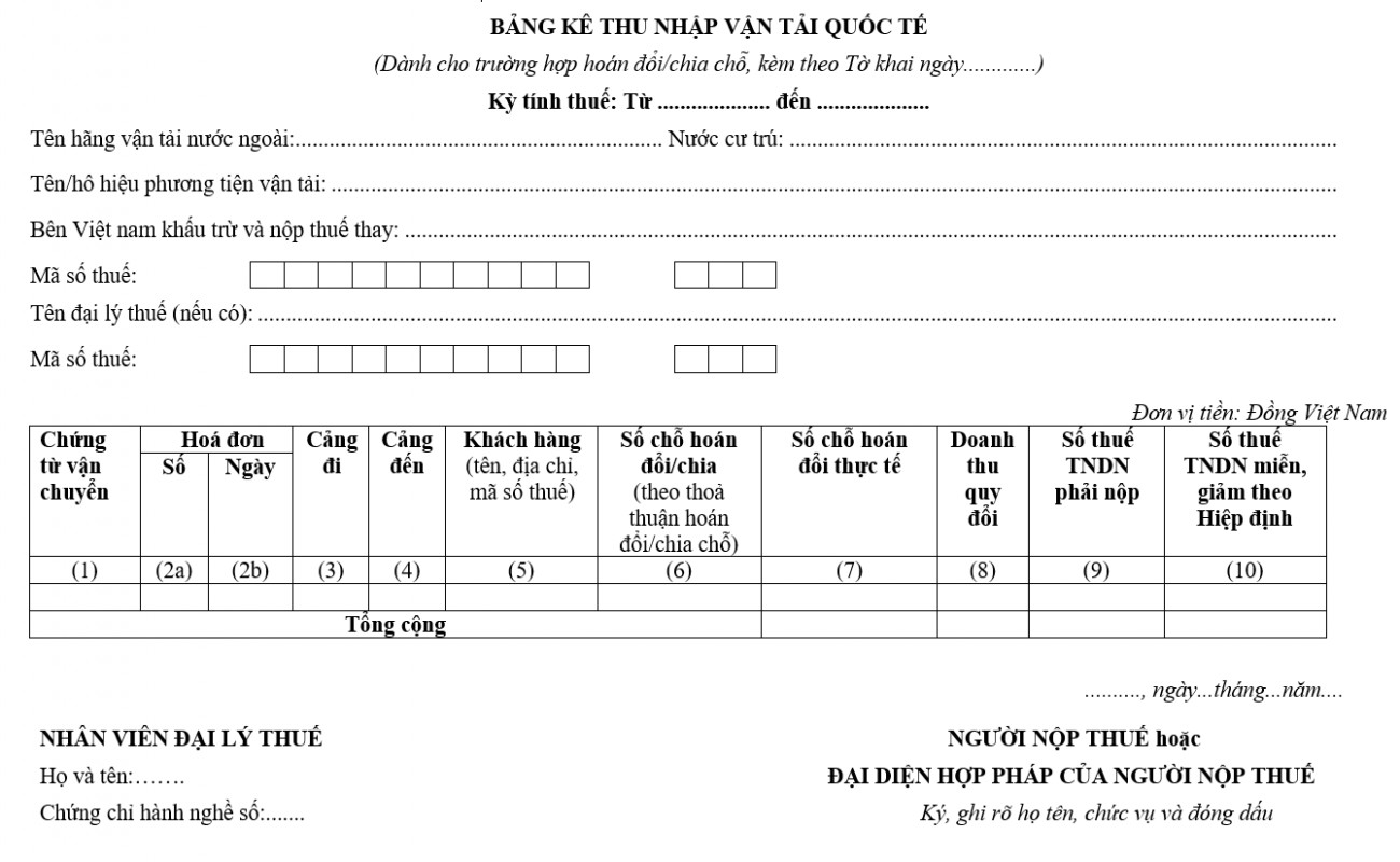 Mẫu số 01-2/VTN: Bảng kê thu nhập vận tải quốc tế