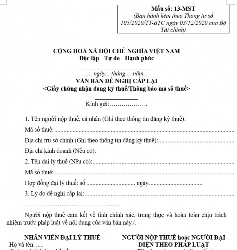 Văn bản đề nghị cấp lại giấy chứng nhận đăng ký thuế