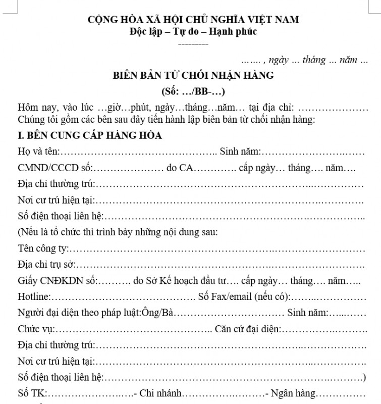 Mẫu biên bản từ chối nhận hàng