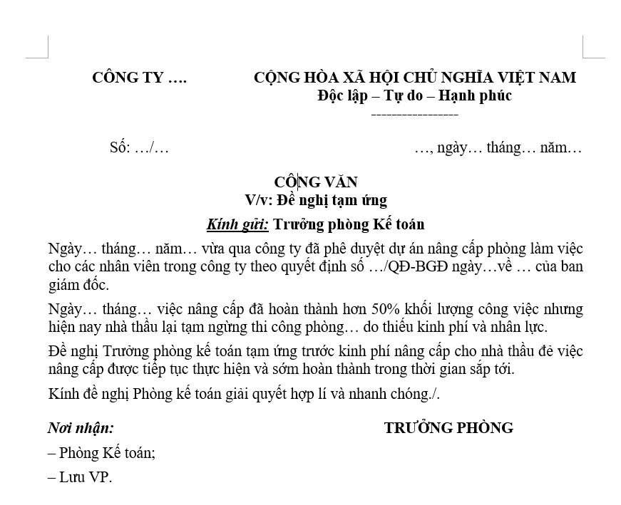 Mẫu công văn đề nghị tạm ứng trước