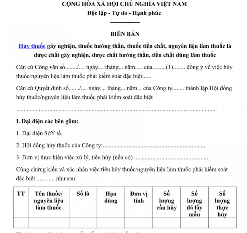 Mẫu biên bản hủy thuốc, tiền chất dùng làm thuốc