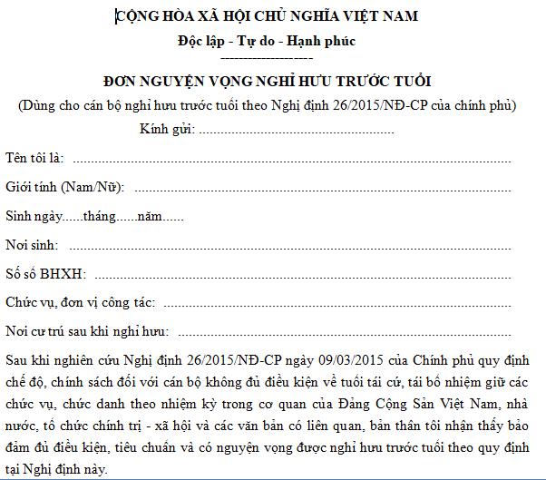 Mẫu đơn xin nghỉ hưu trước tuổi