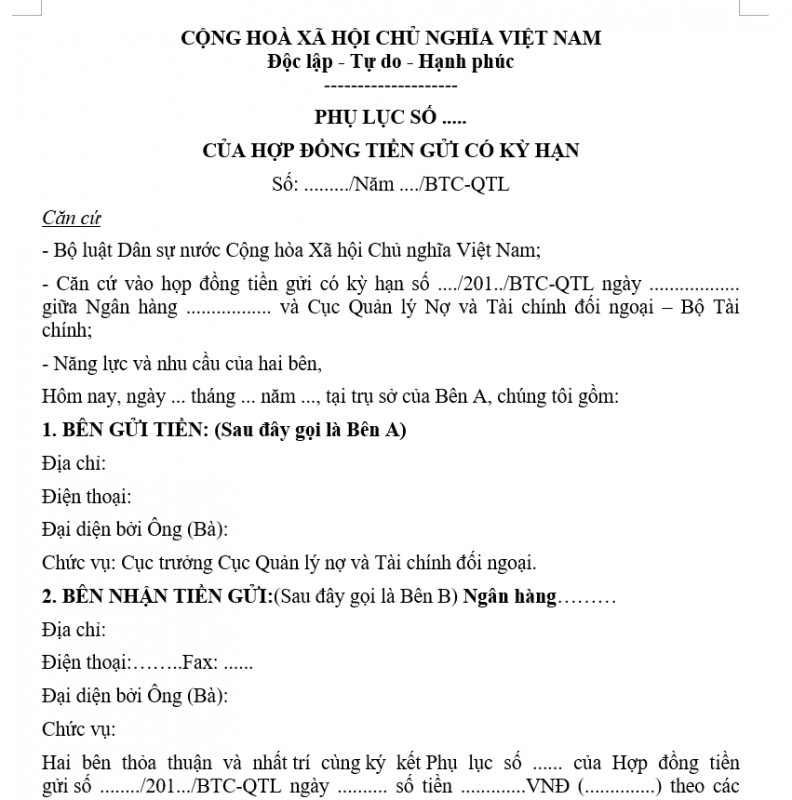 Mẫu phụ lục hợp đồng tiền gửi có kỳ hạn