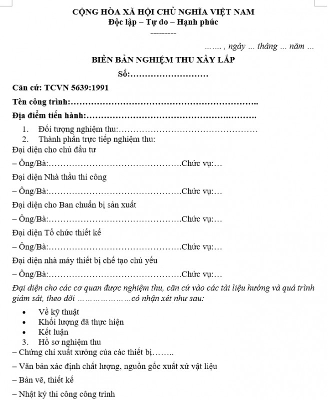 Mẫu biên bản nghiệm thu xây lắp