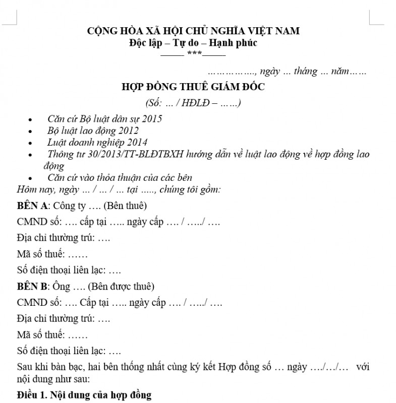 Mẫu hợp đồng thuê giám đốc
