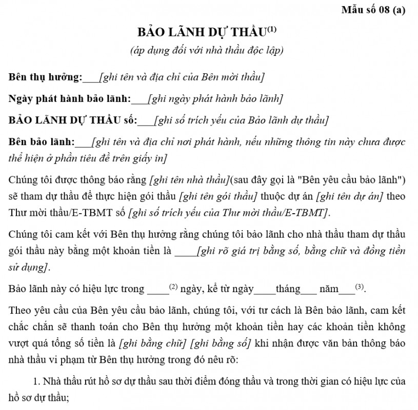 Mẫu bảo lãnh dự thầu mua sắm hàng hóa qua mạng