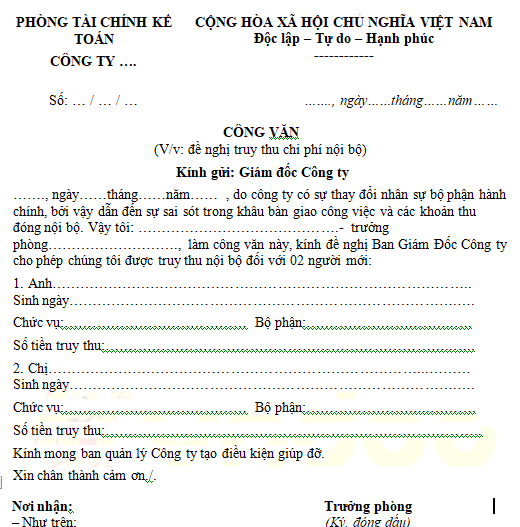 Mẫu công văn đề nghị truy thu chi phí nội bộ