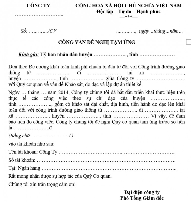 Mẫu công văn đề nghị tạm ứng kinh phí