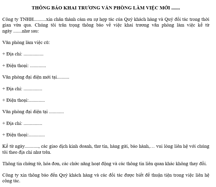 Mẫu thông báo khai trương