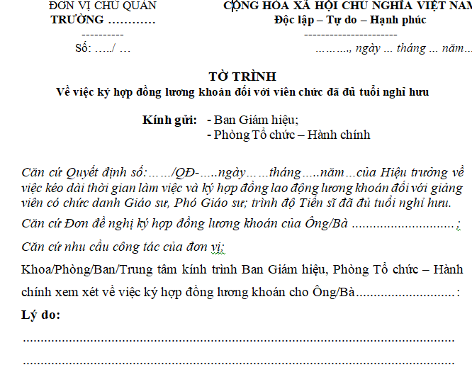 Tờ trình ký hợp đồng lương khoán đối với viên chức đã đủ tuổi nghỉ hưu