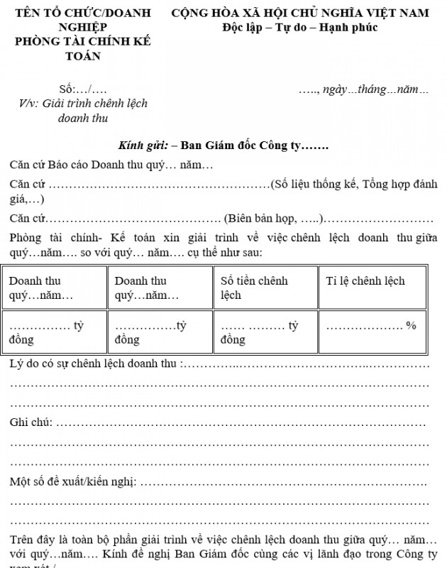 Mẫu giải trình chênh lệch doanh thu