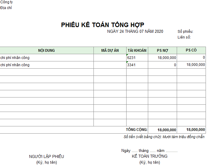 Mẫu phiếu kế toán