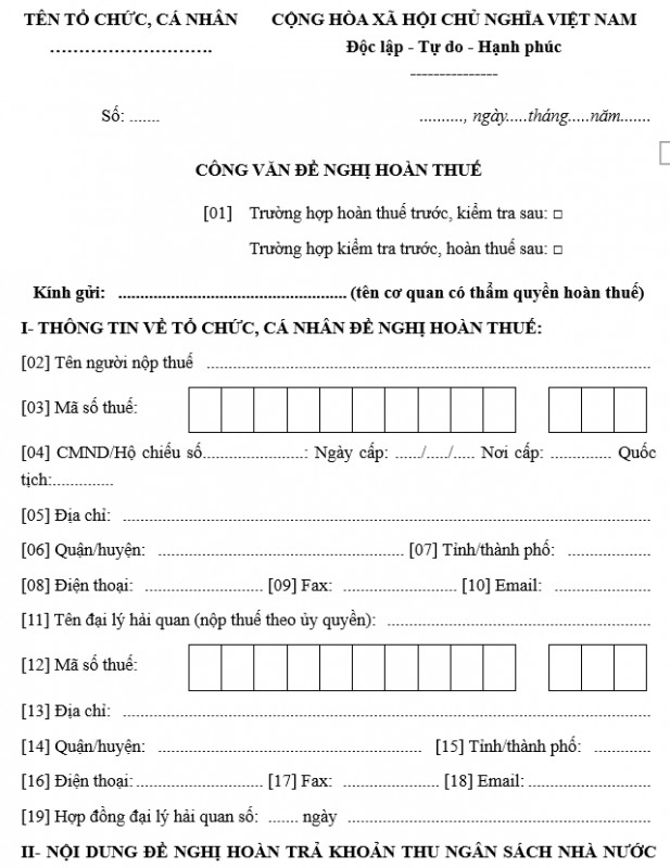 Mẫu công văn đề nghị hoàn thuế xuất, nhập khẩu