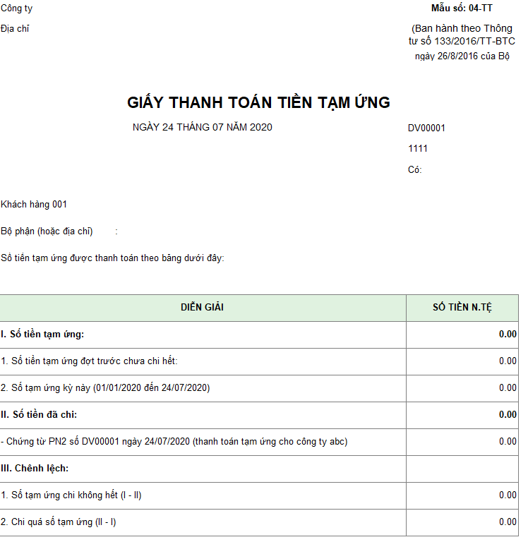 Mẫu giấy thanh toán tiền tạm ứng theo TT 133 ( Ngoại tệ )
