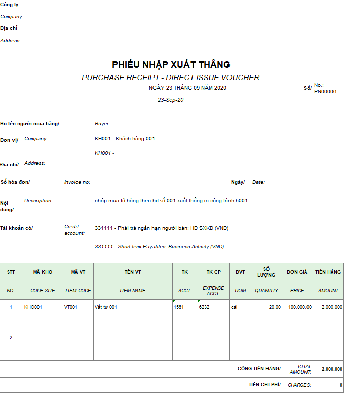 Mẫu phiếu nhập xuất thẳng ( Song ngữ )