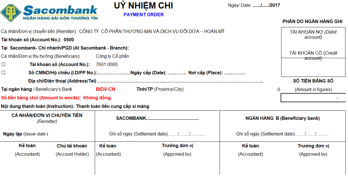 Mẫu giấy ủy nhiệm chi ngân hàng Sacombank