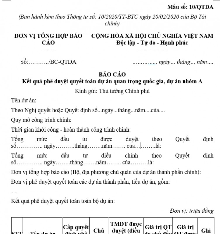 Mẫu số 10/QTDA: Báo cáo kết quả phê duyệt quyết toán dự án quan trọng quốc gia