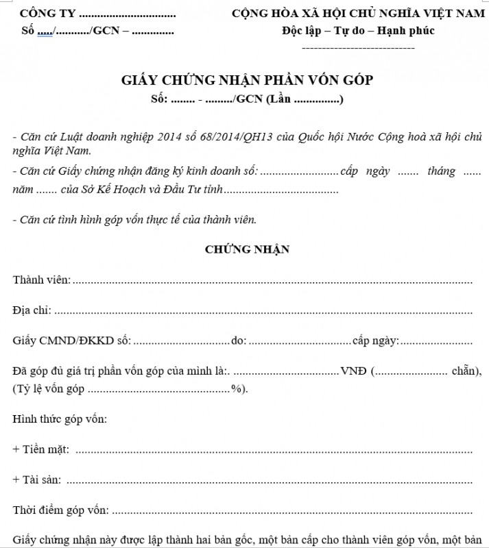 Mẫu giấy chứng nhận góp vốn