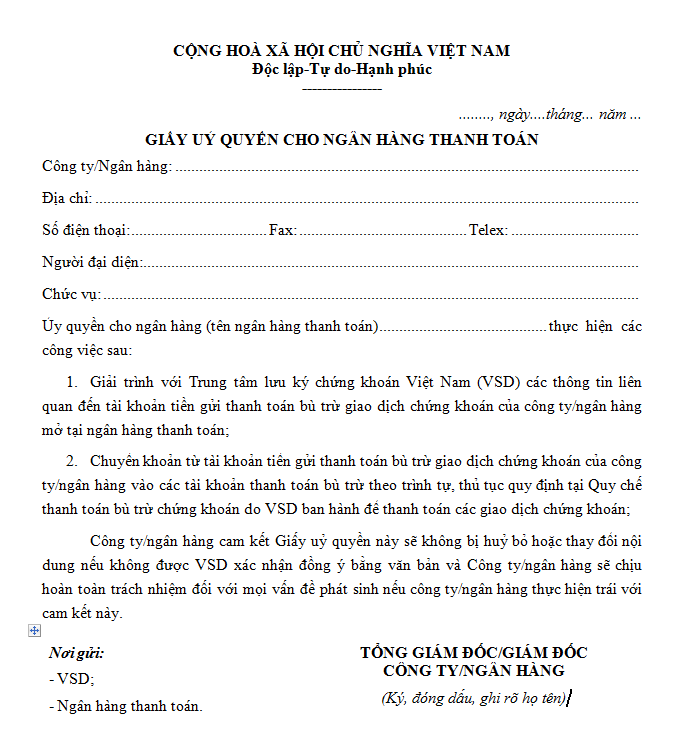 Mẫu giấy ủy quyền cho ngân hàng thanh toán giao dịch chứng khoán