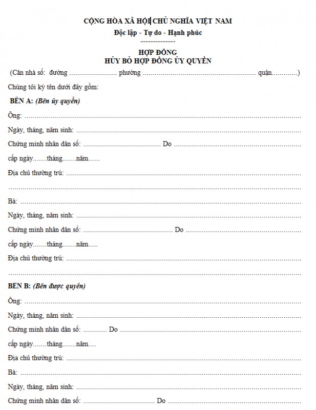 Mẫu hủy bỏ hợp đồng ủy quyền