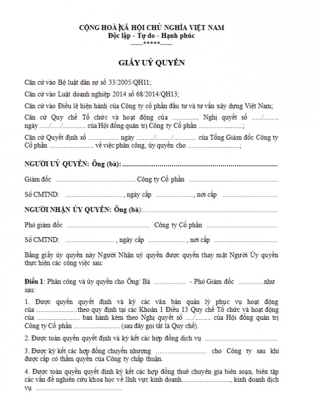 Mẫu giấy ủy quyền của giám đốc công ty cổ phần