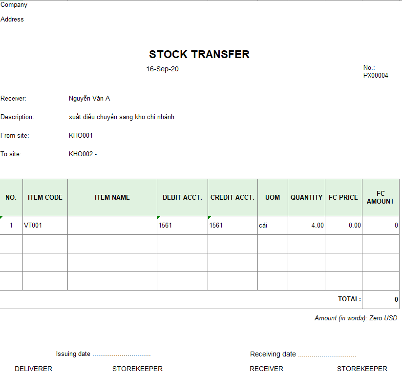 Mẫu phiếu xuất điều chuyển ( TIẾNG ANH - Ngoại tệ )