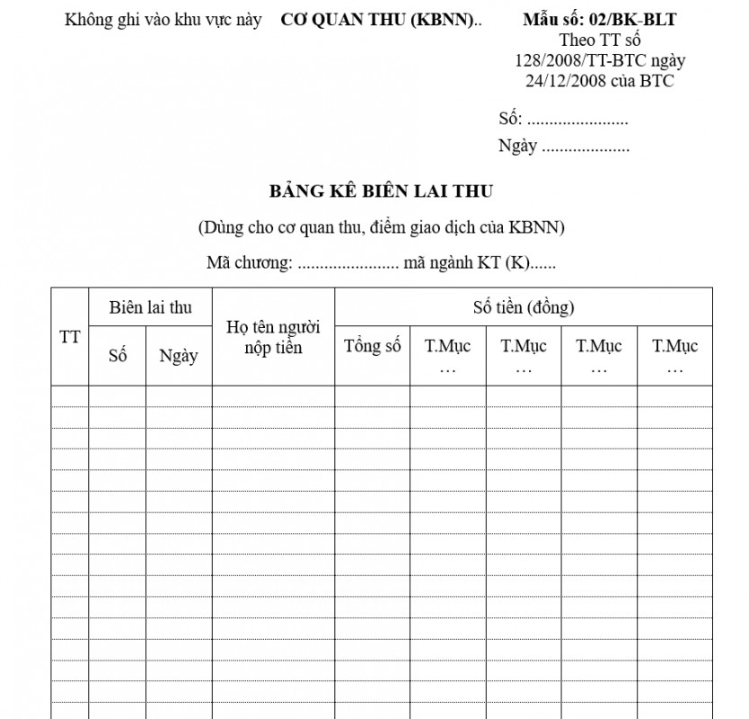 Mẫu số: 02/BK-BLT: Bảng kê biên lai thu