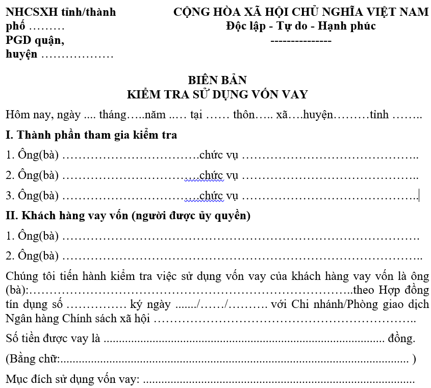 Mẫu biên bản kiểm tra sử dụng vốn vay