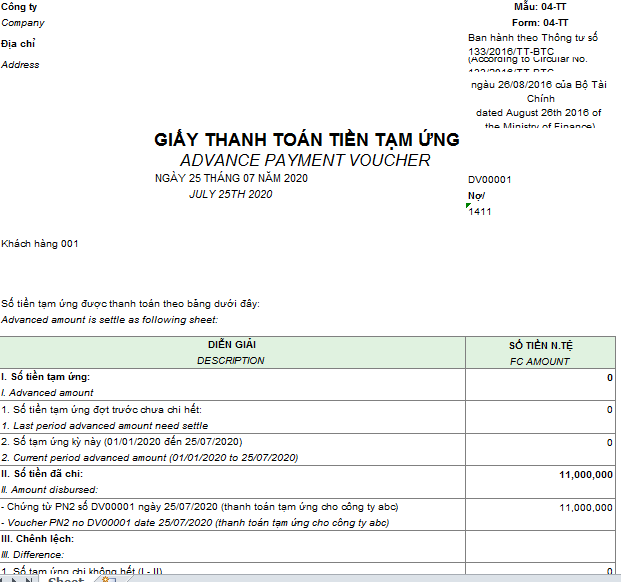 Mẫu giấy thanh toán tiền tạm ứng theo TT 133 ( Song ngữ - Ngoại tệ )