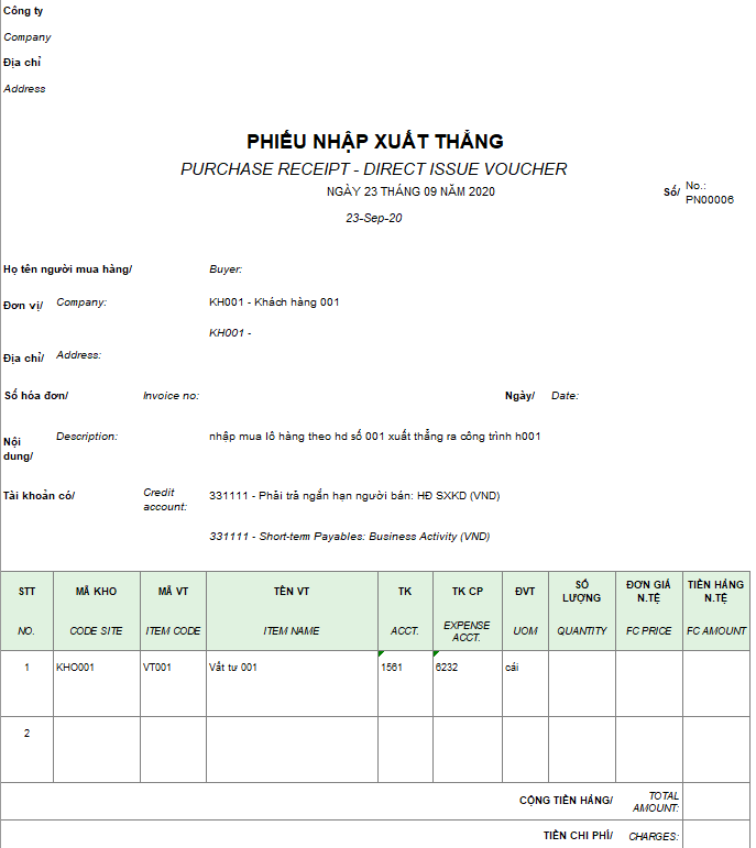 Mẫu phiếu nhập xuất thẳng ( Song ngữ - Ngoại tệ )