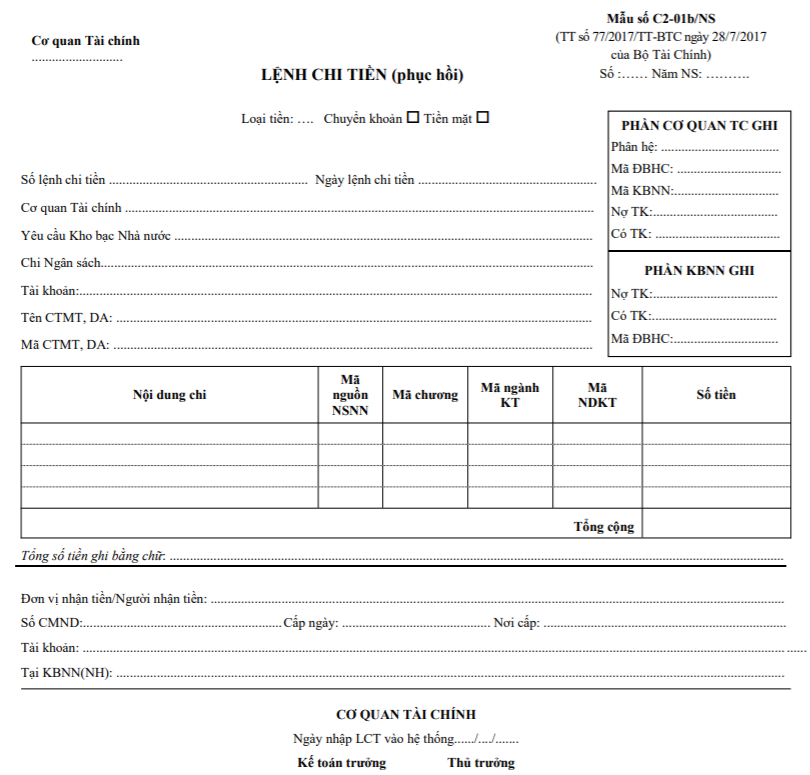 Mẫu lệnh chi tiền phục hồi