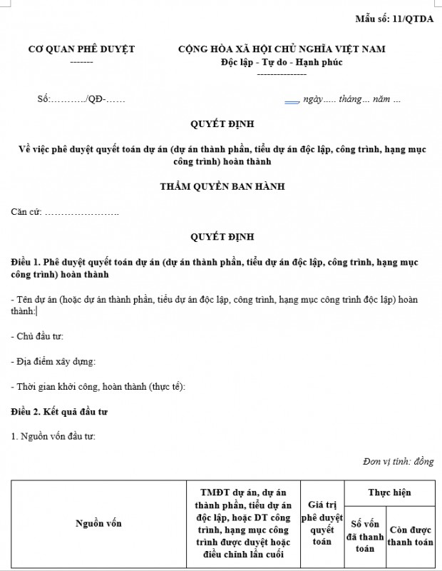 Mẫu số 11/QTDA: Quyết định về việc phê duyệt quyết toán dự án