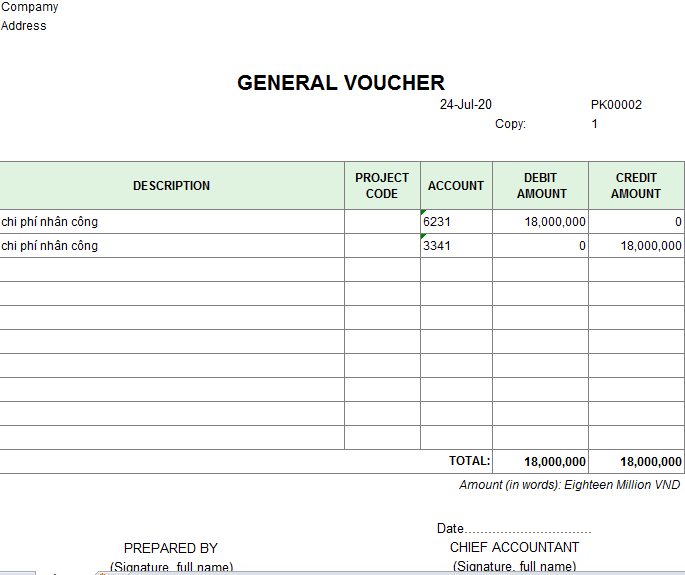 Mẫu phiếu kế toán ( TIẾNG ANH )